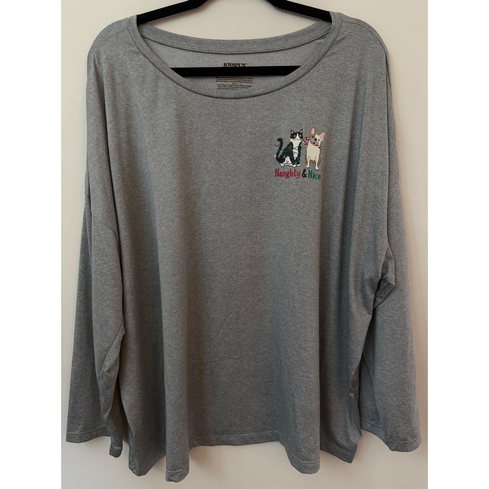 Joyspun 3X Gray Christmas Cat Naughty & Nice Long Sleeve Sleep Shirt